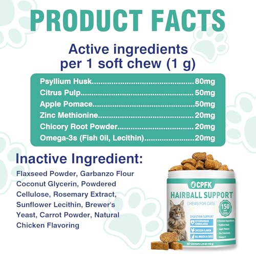 Cat Hairball Remedy Treats, 150 Soft Chews Cat Hair Ball Treatment Furball Control Relief Helps Eliminate and Prevent Hairballs for Indoor Cats Supports Skin and Coat Digestion Chicken Flavor