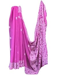 Womens Dress Pink Lucknowi Chikan Embroidery Indian Sari Georgette Saree Coverup