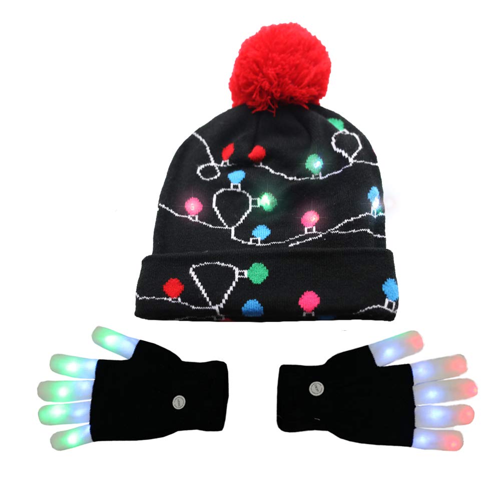Amor LED Light up Christmas Hat Beanie Knit Cap and LED Gloves Unisex Ugly Sweater Holiday Xmas Accessories