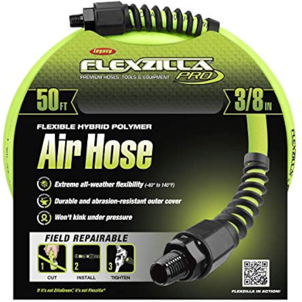 Flexzilla Pro Air Hose, 3/8 In. 50 Ft, Heavy Duty, Lightweight, Hybrid