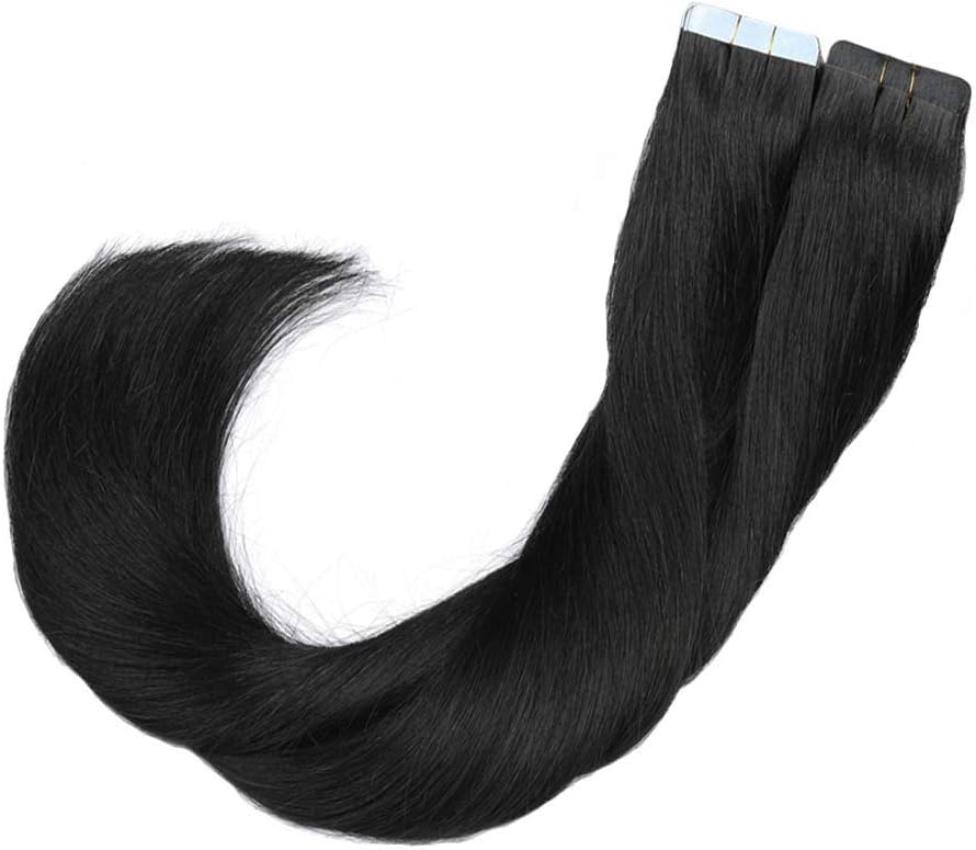 ShowJarlly Single Sided Seamless Tape in Hair Extensions Remy Human Hair 24inch Jet Black Straight Skin Weft Hair Extensions (50g,20 Pieces)