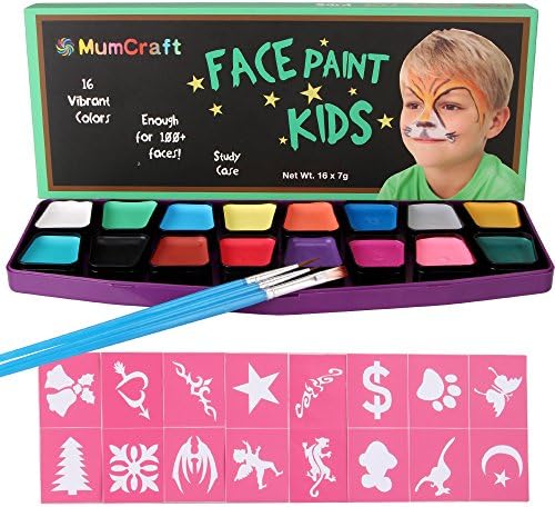 MumCraft Face Painting Kits 16 Color Palette Face Paint Set for Kids, with 42 Stencils and 3 Brushes, Safe Cosmetic Grade FDA Compliant, Great for Halloween Carnivals Festivals Costume Ball Parties