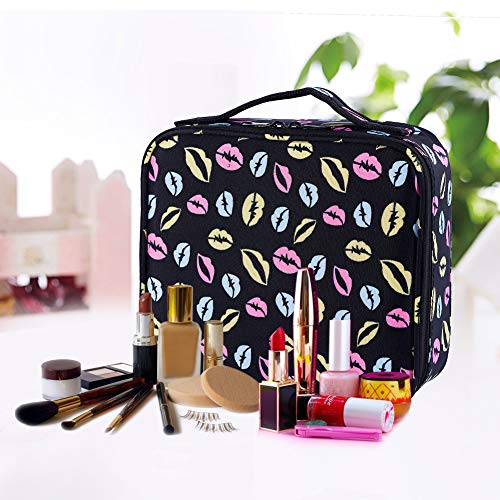 Lip Print Makeup Bag,Goldwheat Portable Travel Makeup Train Case Cosmetic Bag Organizer with Adjustable Compartment Brush Holder - Thumbnail 7