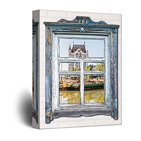 Canvas Wall Art Rustic View Through Vintage Window Theme Painting Artwork for Home Prints Framed - 12x18 inches