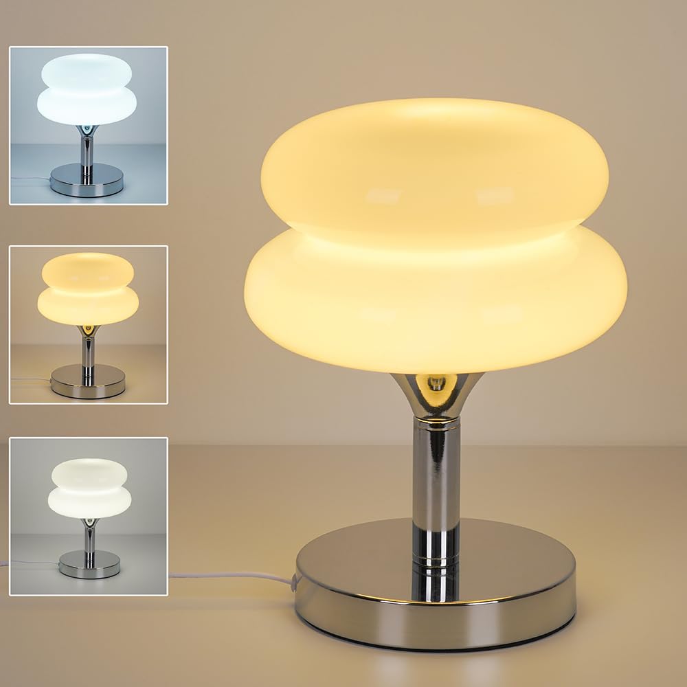 Photo 1 of Jiesheng White Glass Bedside Lamps, Not Dimmable Egg Tart Lamp for Nightstand, Retro Mushroom Lamp, Aesthetic Desk Lamp for Room Decor