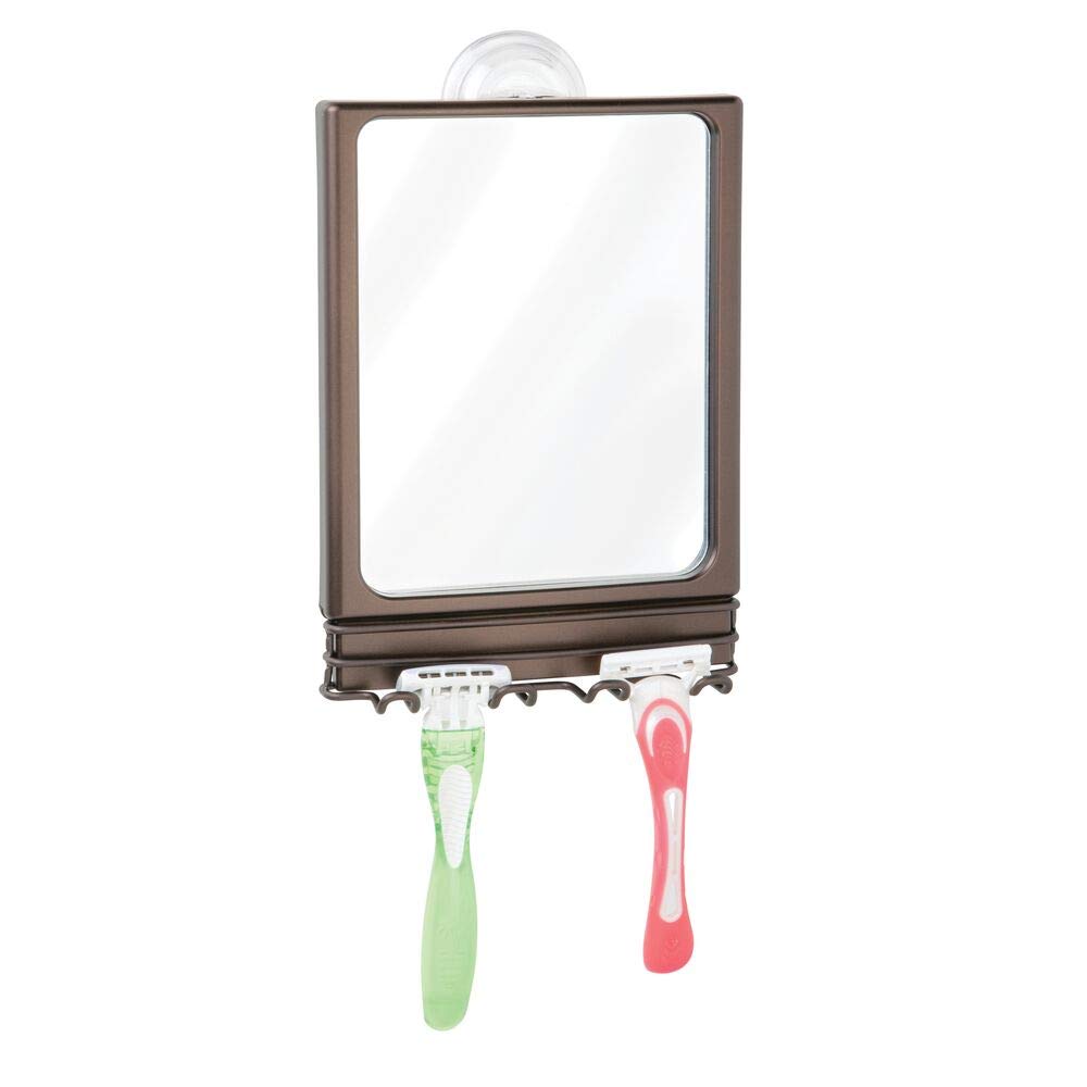 mDesign Power Lock Suction Bathroom Shaving Mirror with Storage Hooks for Shower - Bronze