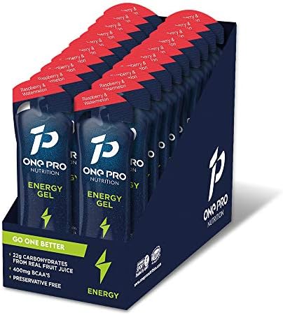 ONE PRO Nutrition Energy Gels with BCAA's. x20 Single Serve Sachets, Natural Raspberry & Watermelon Flavour with Real Juice, No Preservatives. Vegan, 22g of Carbohydrate and 400mg BCAA's per Serving
