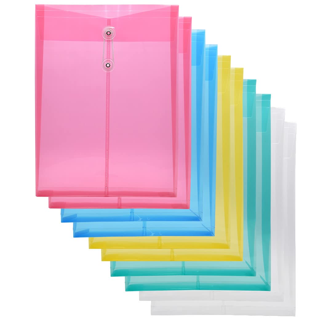 Zoohot Clear Plastic Envelopes Poly Envelopes Expandable File Document Folders with String Tie Closure, Letter A4 Size, 1-1/4 Inch Expansion, Assorted Colors, 10 Pack