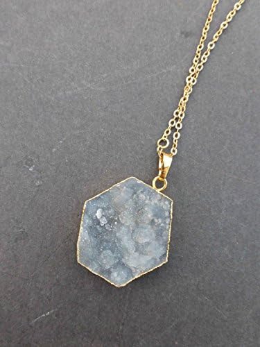 Grey Drusy raw gemstone pendant, electroplated gold, gold and 12kt Gold-Filled Cable Chain Necklace, 20", Fine, 1.5mm necklace. Handmade jewelry, jewellery. Fashion, Accessories. Boho, Bohemian.