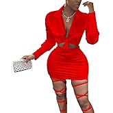 LuFeng Womens Satin Sexy Self Tie Front Long Sleeve 2 Piece Outfits Crop Top and Mini Bodycon Skirt Set