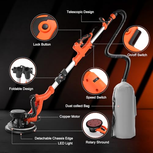 Electric Drywall Sander with Vacuum Dust Collection, 1000W Popcorn Ceiling Removal Tool, 1000-2100RPM 5 Variable Speed, LED Light, Foldable & Extendable Wall Sander with 12 Sanding Discs