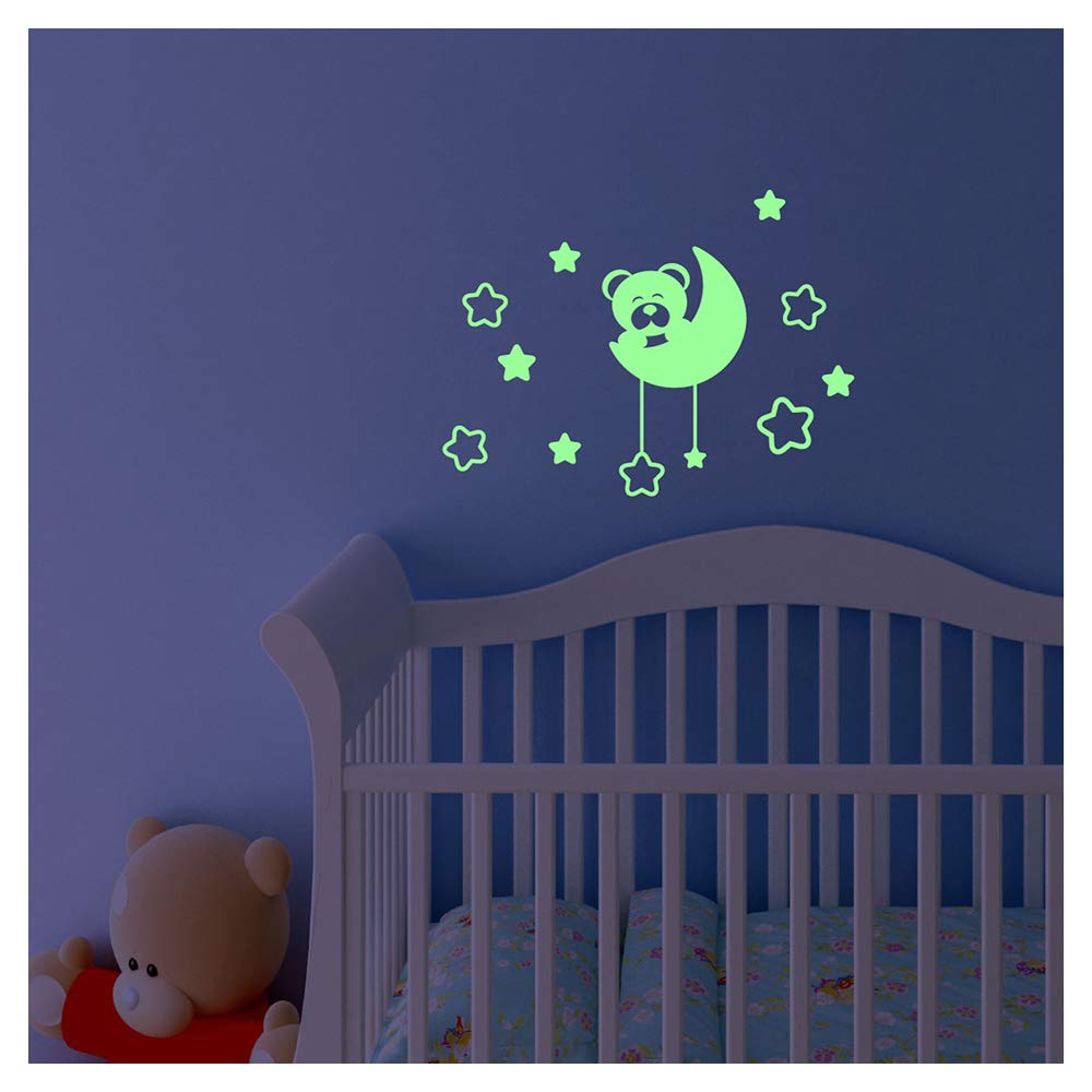 Glow in The Dark Wall Sticker Bear on The Moon with Stars - 20 x 20cm