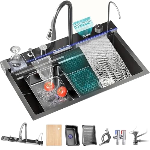 4 Water Outlet Modes Waterfall Kitchen LED Sink with Multifunctional Digital Display Faucet - Durable Stainless Steel Single Bowl Workstation Sink(Size: 80 * 45 * 22cm)