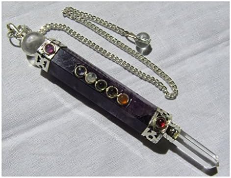 mysticalindia Crystal Amethyst Quartz Healing Pendulum 7 Chakra, Pendant, Wand Six Sided Healing Dowsing.