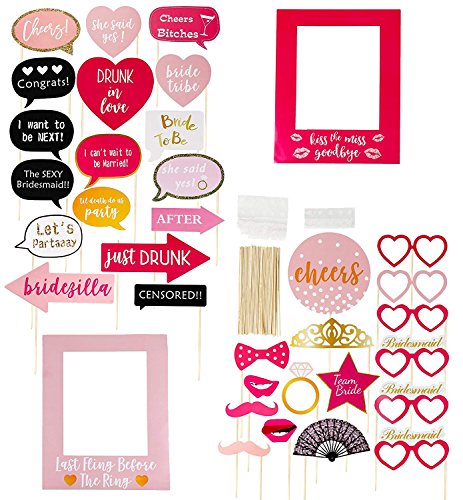 Bachelorette Party Photo Booth Props – 35-Pack Funny Photo Props, Selfie Props Picture Frames – Party Supplies Bridal Showers Slumber Party, Assorted Designs, Pink, Red Black