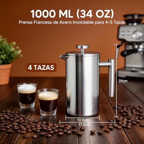 KAMYSEN Prensa Francesa, 1000ml Cafetera de Acero Inoxidable de Doble Pared | 3pcs Filtro de Repuesto, 1pc Cucharas de Acero Inoxidable, 1pc Brocha de Esponja