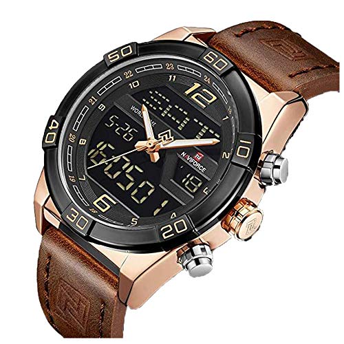 Mens Dual Time Zone Digital Watch Waterproof Military Sport Chronograph Leather Wrist Watch