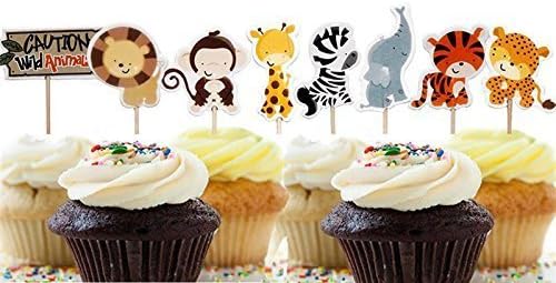 Cute Decorative Cupcake Muffin Toppers Wild Animals Zoo Zebra Lion Tiger Elephant Giraffe Baby Shower Birthday Party Favors 24 Pcs -By LW Funny Toys