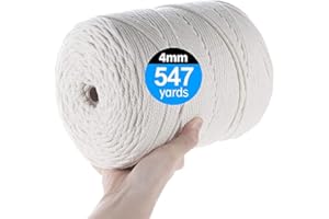 VENROII 4mm Macrame Cord, 4mm x 547Yards, 100% Natural Cotton Macrame Craft Rope, 4 Strand Twisted Soft Cotton Cord for Handmade Wall Hanging, Dreamcatcher, Plant Hangers, Knitting, Craft Cord