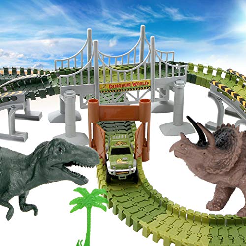 Dinosaur World Race Tracks - 142 Piece Playset, Toy Slot Car & 2 Dinosaur Toys + Storage Bag - Create a Jurassic Road Park Track with Bridge and Gate, for All Kids, Boys & Girls - Thumbnail 6