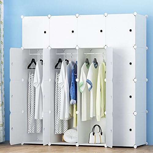 ETTBJA DIY Portable Wardrobe Modular Clothes Storage Organizer Multi-Purpose Storage Unit With Stickers(16 Cubes 3 Hanger Sections)