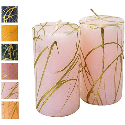 Klocke Kerzen Advent Candles with Gold Pattern - Pack of 2 Rustic Surface / Pillar Christmas Wreath (Soft Pink, Height: 11 cm Diameter 6 2)
