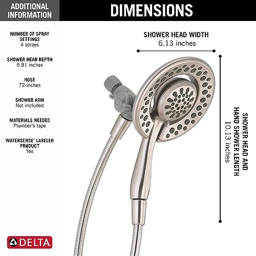 Delta 4-Setting In2ition 2-in-1 Dual Shower Head with HandHeld Spray, Brushed Nickel Detachable Shower Head with Hose, Showerhead, 1.75 GPM Flow Rate, SpotShield Nickel 75486CSN