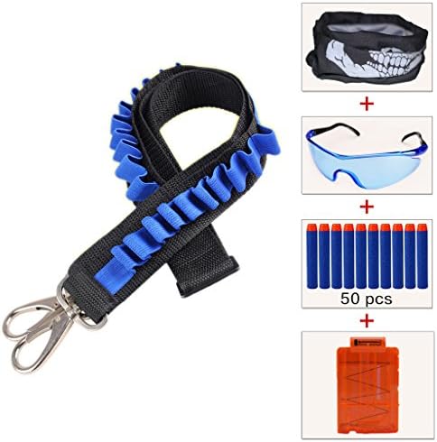 Kids Tactical Refill Darts Bandolier Kit(with Bullet Shoulder Strap+50pcs Blue Foam Darts+Protective Glasses+Seamless Face Mask+Quick Reload Clip)for Nerf Toy Gun N-Strike Elite Series (BLUE)