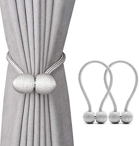 Magnetic Curtain Tiebacks - 2 Pack Drapes Holdbacks - Clips Holders for Office and Home Big Wide or Thick Windows Draperies - Strong Magnets and Thin Fiber Rope (Silver Gray, 16 Inch Long)