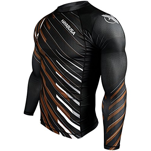 Hayabusa Metaru Charged Long Sleeve Brazilian Jiu Jitsu Rash Guard Shirt (Black/Brown, XL)