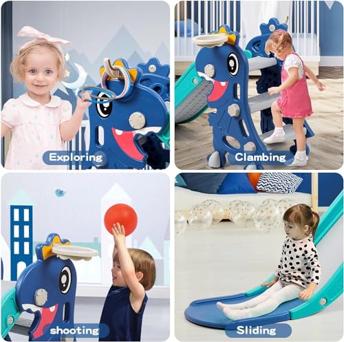 Cenxi Indoor Slide For Toddlers 1-3, Foldable Kids Toddler Playset, And Outdoor Playground, Climber Playset With Basketball Hoop Ring Toss (Blue)