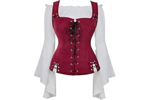 JUTRISUJO Renaissance Costumes for Women Medieval Pirate Vest Shirt Long Sleeved 2 Pcs Viking Costume Bodice Coat