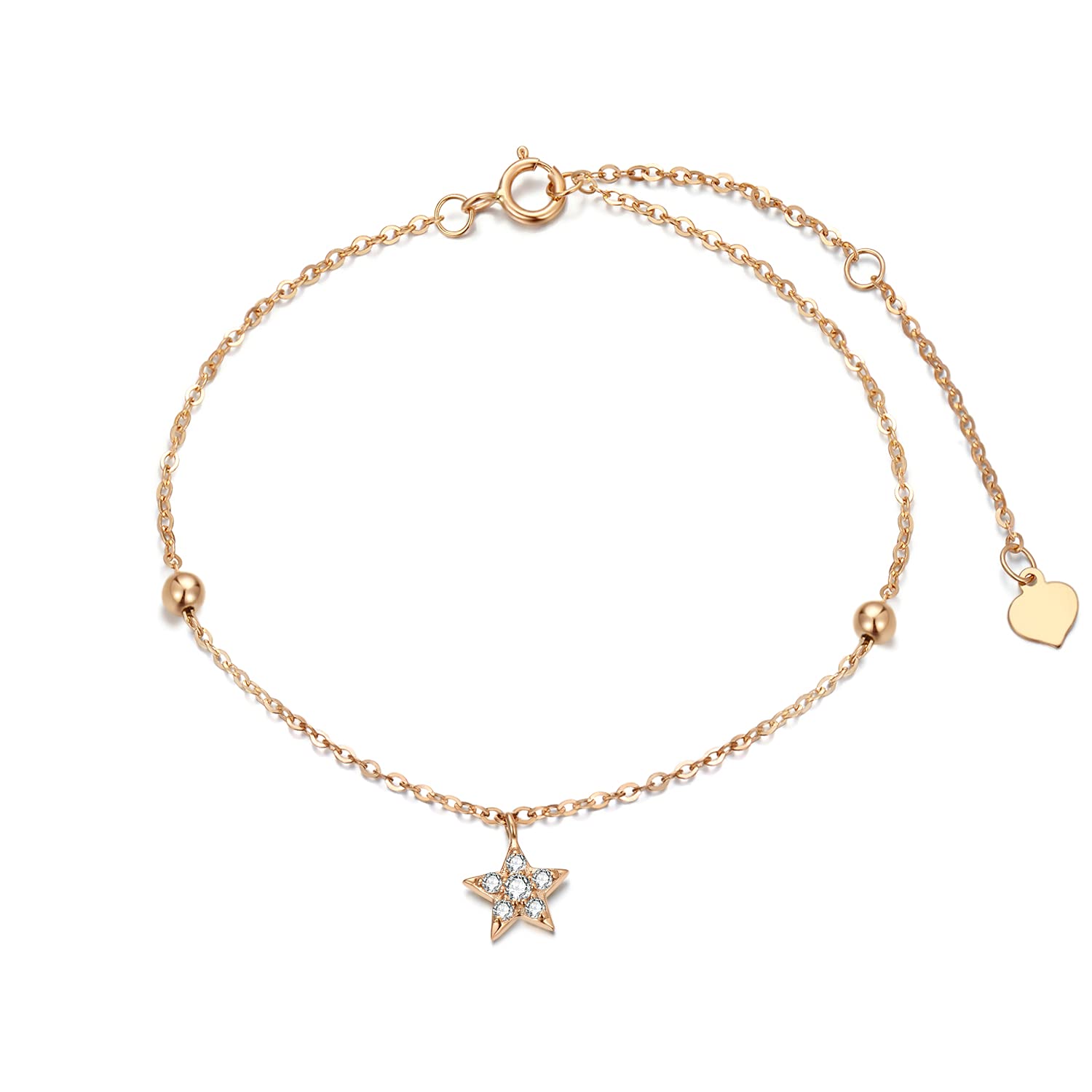 SISGEM 9 ct Gold Star Bracelet, Solid Yellow Gold 0.075ctw Diamond Star Charm Link Bracelet with Gold Beads Charm, for Women Girls Ladies Mum Sisters, 6.5"+1"+1"