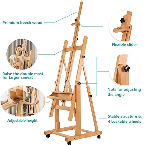 VISWIN HeavyDuty Extra Large HFrame Easel, Holds Canvas up to 82", Tilts Flat, Solid Beech