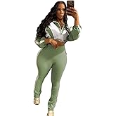 Womens Sweatsuits 2 Piece Set Contrast Color Long Sleeve Zip Up Cropped Jacket Leggings Pants Jogger Track Suits