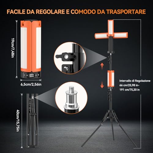 Rechargeable Camping Lamp with Tripod 12000mAh 3 Colors of Light 6000LM Dimmable LED IP65 Suitable for Workshops, Camping, Construction Sites and Emergency Situations