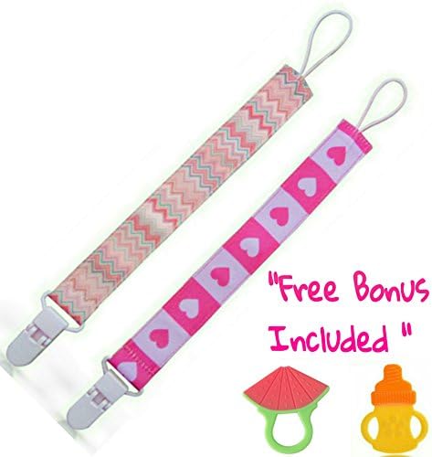 Set of 2 Cute Girls Pacifier Clips with Plastic Clip for Baby Safety, Elegant Eye Catching Designs, with Free Bonus Included, Great Baby Shower Gift by Arimy Baby