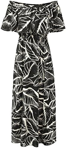 Bohemian Queen Elastic Waist Off Shoulder Maxi Slit Print Dress KS020_BLACKLEAF M