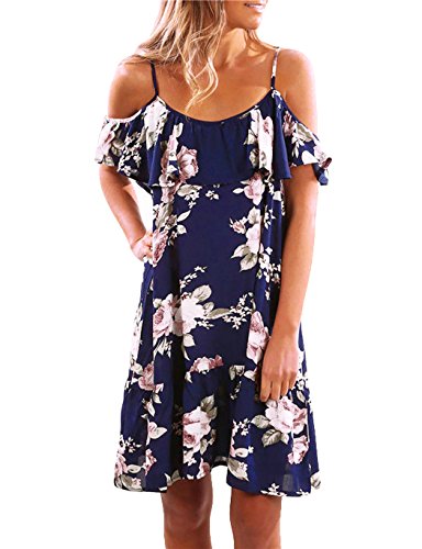 Poptem Womens Sexy Midi Dress V-Neck Off Shoulder Spaghetti Strap Ruffles Floral Casual Summer Beach Sundresses