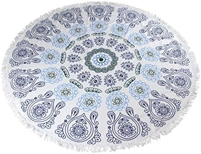 Sand Resistant Mandala Towel with Tassels: Ultra Soft, Thick, Absorbent, Multi-Purpose (Blue &amp; White)