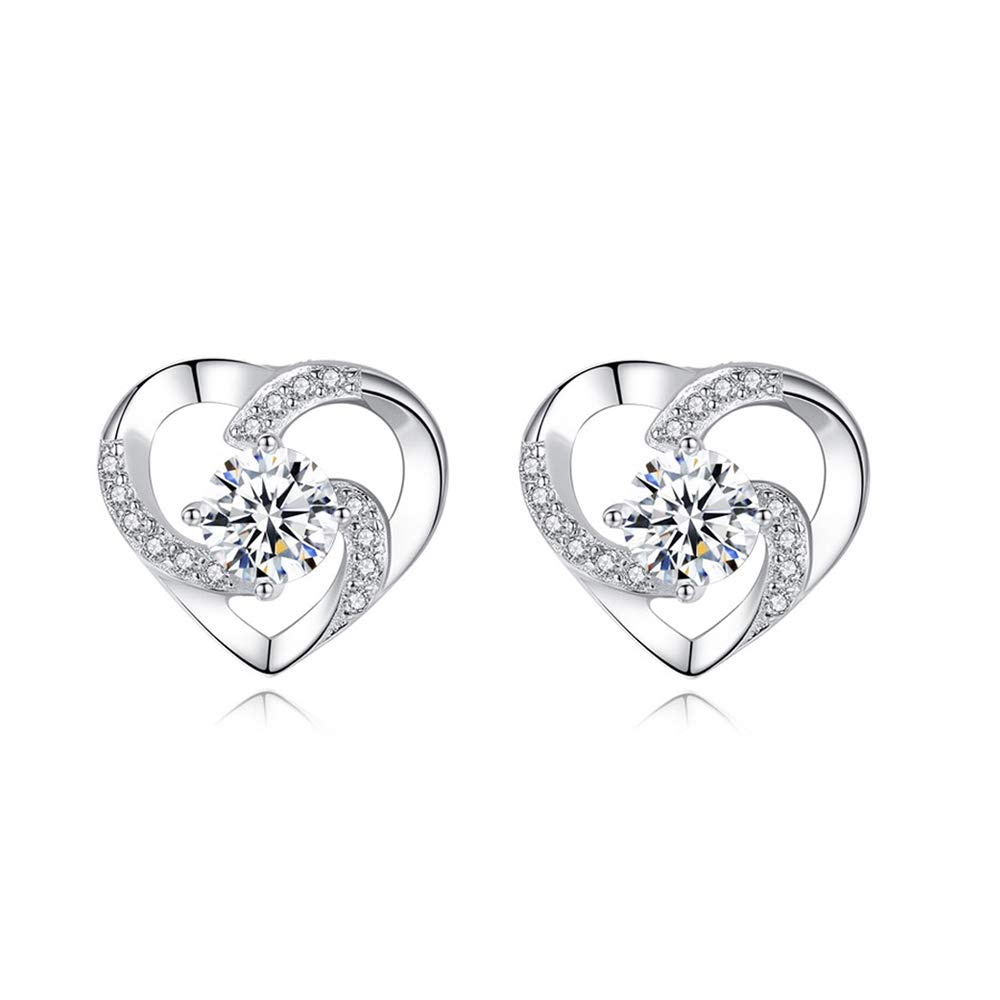 wynn's Silver Stud Earrings for Women, 925 Sterling Silver Heart Studs Earrings,13mm Stud Earring with White Cubic Zirconia, Hypoallergenic Small Slepper Studs