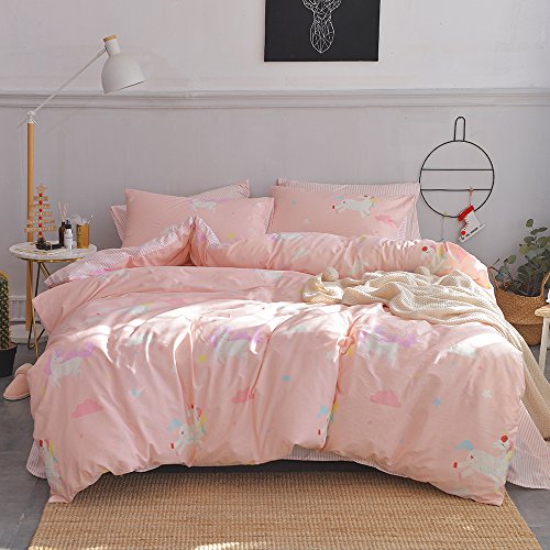BHUSB Peach Unicorn Print Cotton Kids Bedding Cover Sets Queen for Boys Girls Reversible Striped Duvet Cover Sets with Zipper Closure Lightweight Full Duvet Cover Sets Pink for Child Teens
