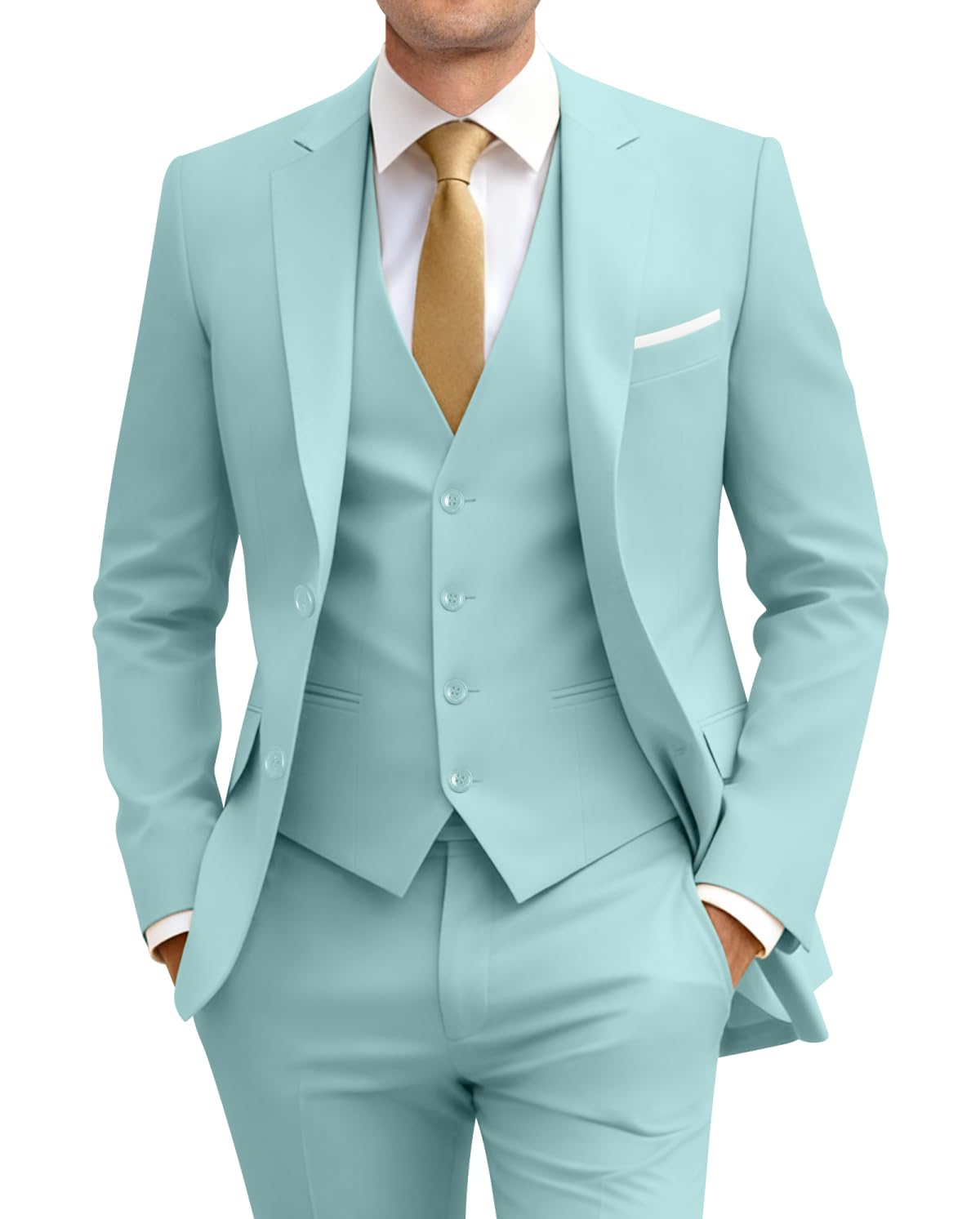 Photo 1 of Men Suits Slim Fit 3 Piece Mint Green Suit Set Business Wedding Dress Tuxedos Groomsmen Prom Blazer Jacket Vest Pants with Tie 3XL