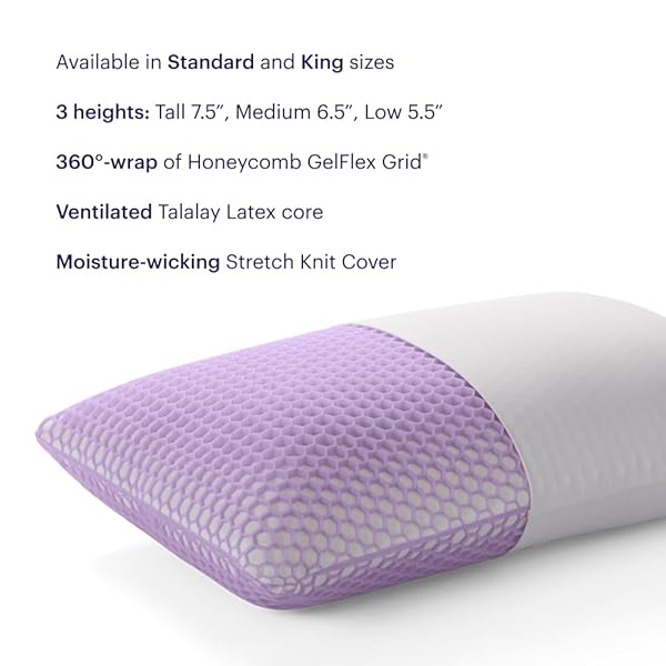 PURPLE HARMONY PILLOW – TALALAY LATEX FOAM COOLING PILLOW FOR COMBO OR SIDE SLEEPERS, 360º HEX GELFLEX GRID FOR NO-PRESSURE SUPPORT AND LUXURIOUS WEIGHTLESS FEEL – STANDARD, MEDIUM FEEL, MED HEIGHT