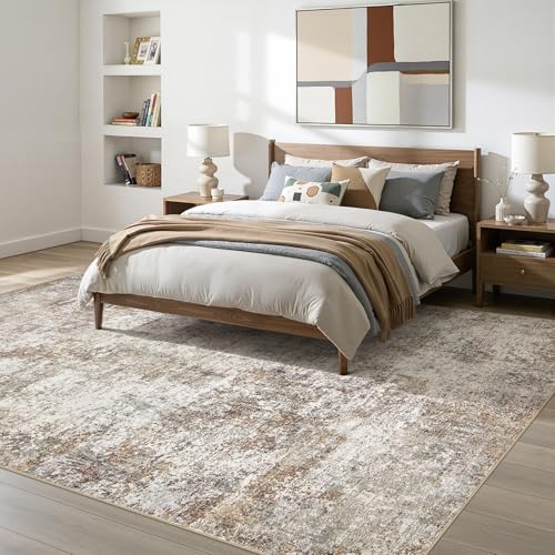 9x12 Area Rugs for Living Room: Washable Large Neutral Abstract Rug Soft Non Slip Stain Resistant Low Pile Indoor Carpet for Bedroom Dining Room Nursery Office Playroom - Brown Grey