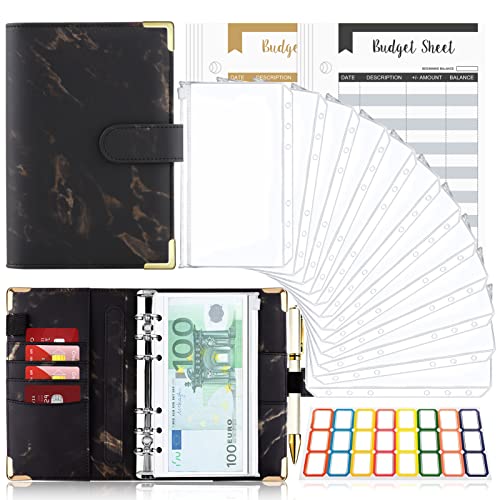 TAOPE Classeur Budget avec Enveloppe Budget, Classeur A6 Budget Planner Sets en PU Cuir, Carnet Budget 6 Anneaux Remplissable avec Pochettes Transparentes, Organisateur Enveloppe Budget Marbre Noir