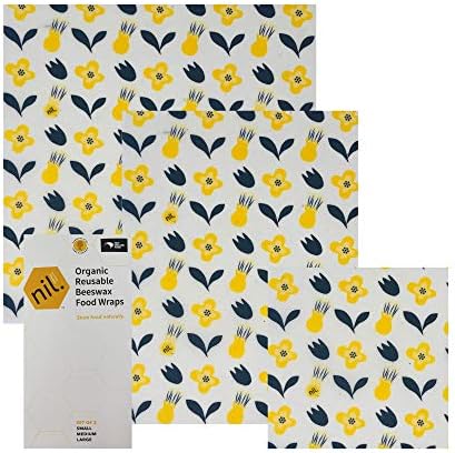Organic Beeswax Reusable Food Storage Wraps (3 Pack) Handmade in New Zealand, Biodegradable, Sustainable, Eco Friendly Plastic Alternative Lunch Wrap or Bowl Cover Sheets (Yellow Flower)