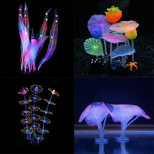 Aquarium Fish Tank Ornament,Simulation Coral Plant Decorations Glowing Silicone Accessories 4pack (2)