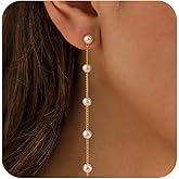 Moodear Gold Dangle Earrings for Women Trendy Dainty 14K Gold Plated Pearl Flower Dangle Drop Stud Chain Earrings Hypoallergenic Long Dangle Earrings for Women Wedding Jewelry Gifts