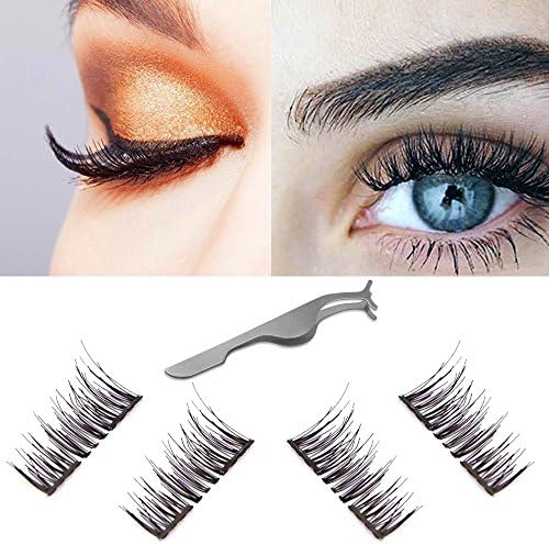 Dual Magnetic Eyelashes False 3D Lashes+Stainless Steel Eyelash Tweezers-Natural Wispy Reusable Fake Eyelash Extensions-Ultra Thin Double Magnets 100% Handmade Length:12MM 1Pair (4Pieces)